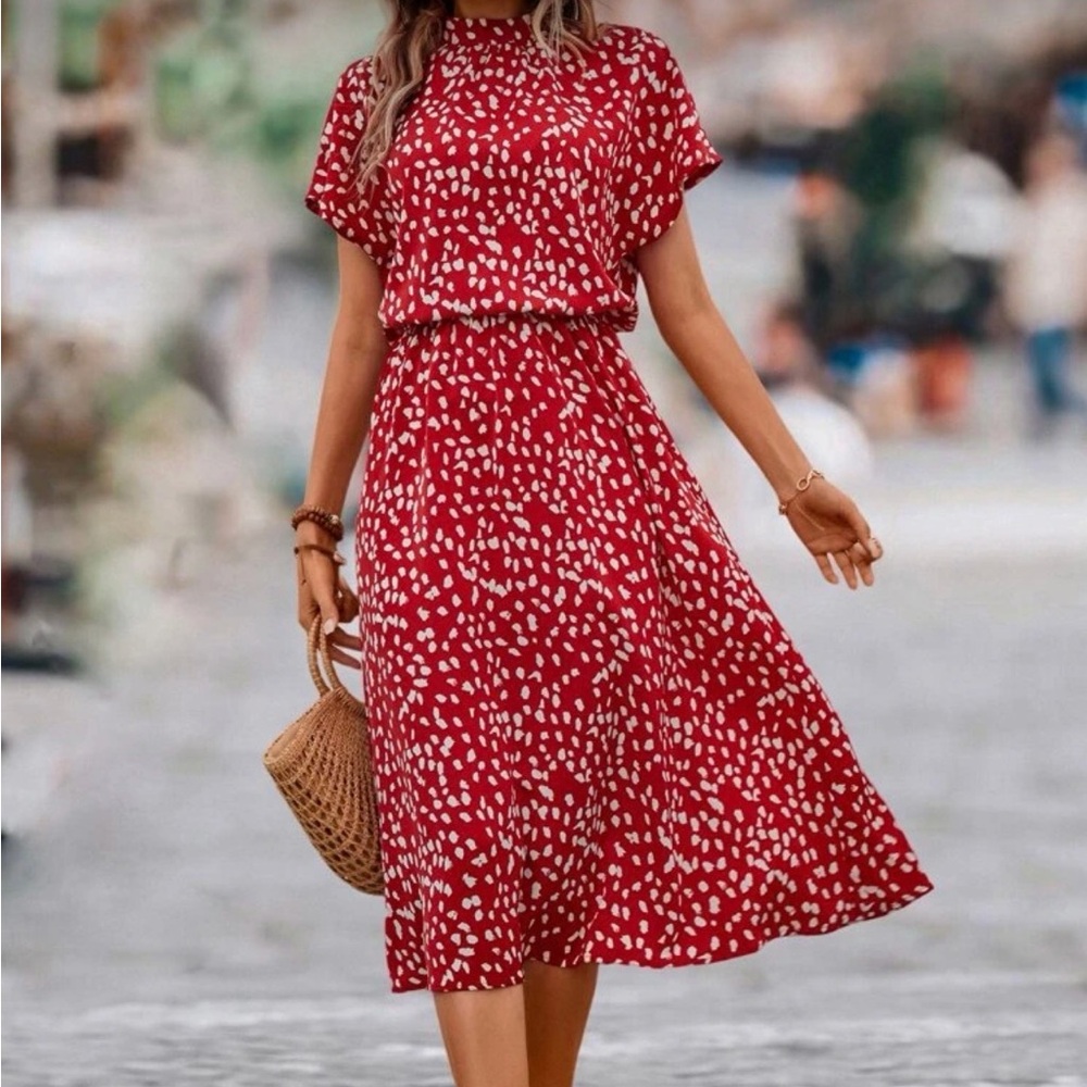 SHEIN Red and White Patterned Midi Dress